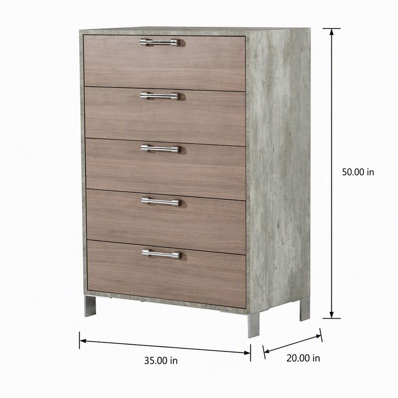 Pemberly Row 5-Drawer Chest in Faux Concrete Laminate and Oak Brown Finish
