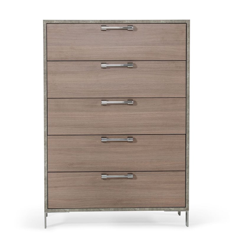 Pemberly Row 5-Drawer Chest in Faux Concrete Laminate and Oak Brown Finish