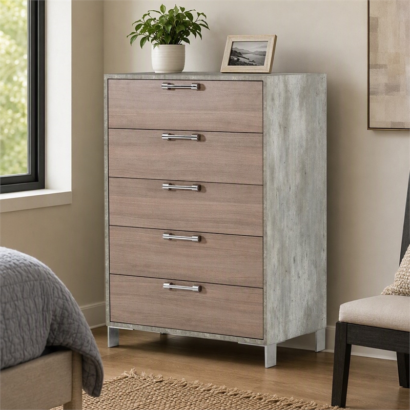 Pemberly Row 5-Drawer Chest in Faux Concrete Laminate and Oak Brown Finish