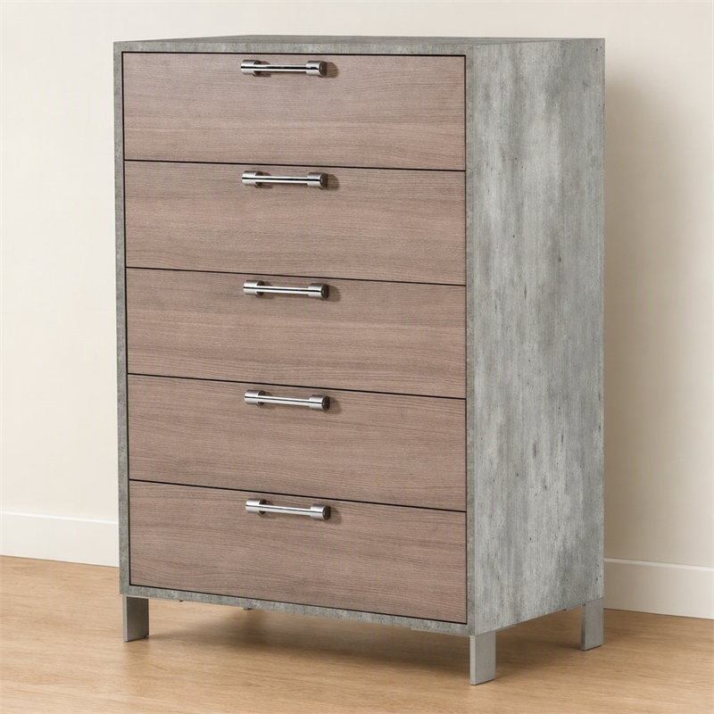 Pemberly Row 5-Drawer Chest in Faux Concrete Laminate and Oak Brown Finish