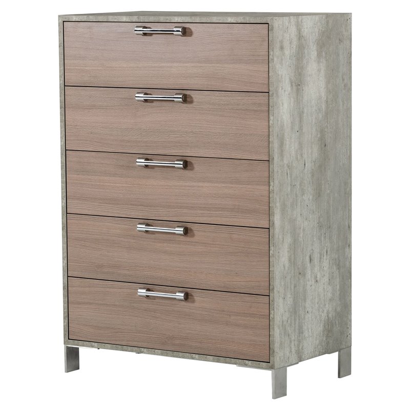Pemberly Row 5-Drawer Chest in Faux Concrete Laminate and Oak Brown Finish