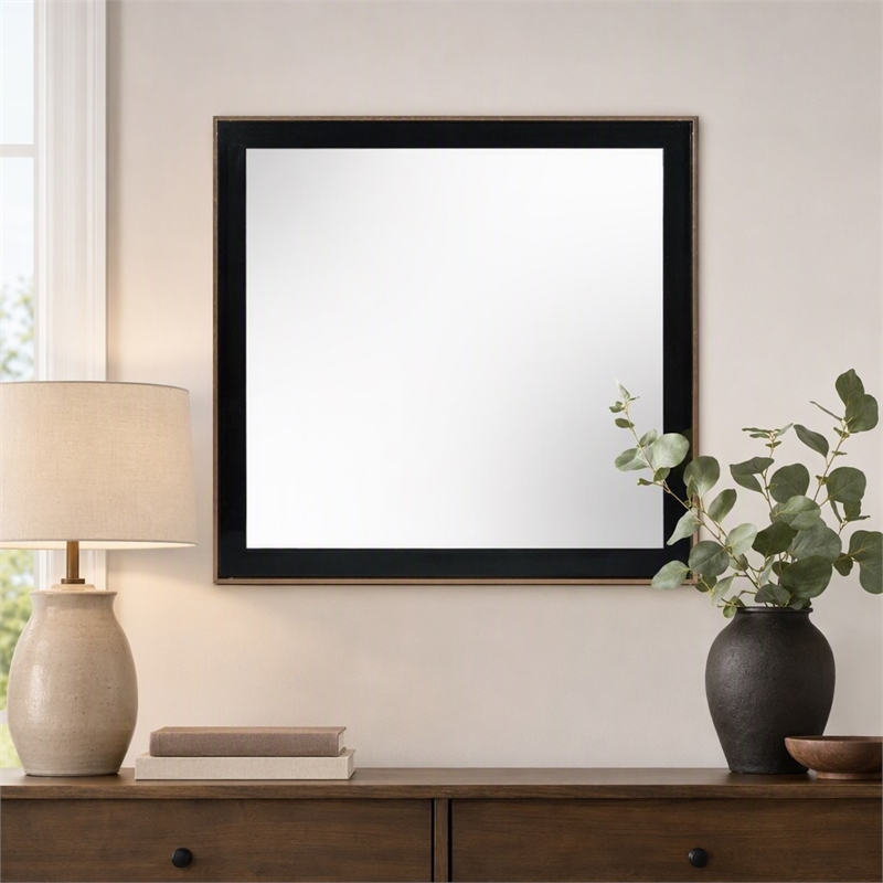 Pemberly Row Rectangular Mirror with Black Wood Frame and Rose Gold Steel