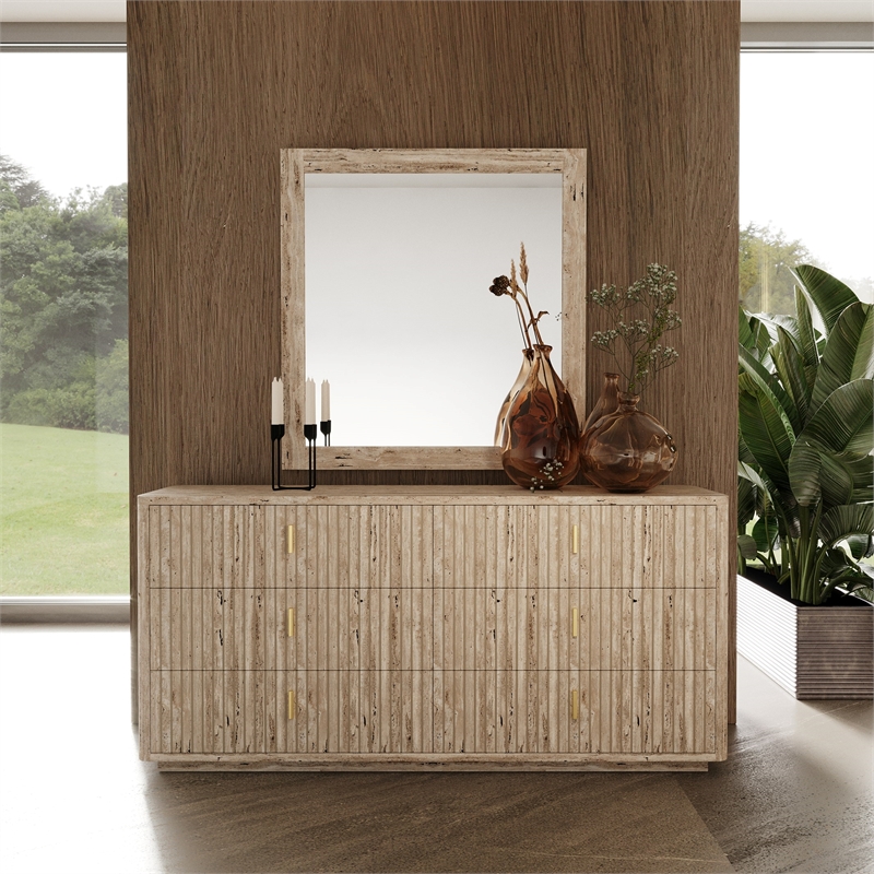 Pemberly Row Modern Faux Travertine Mirror with Wood-Based Frame