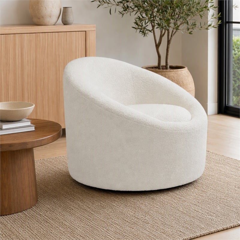 Pemberly Row Glam Polyester Swivel Accent Chair in White with Foam Seat