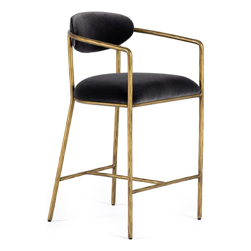 Pemberly Row Modern Counter Chair in Grey Velvet with Brass Frame