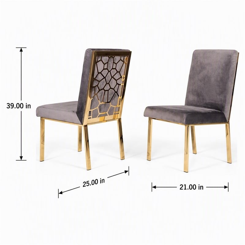 Pemberly Row Modern Grey Velvet Dining Chair Set with Gold Frames