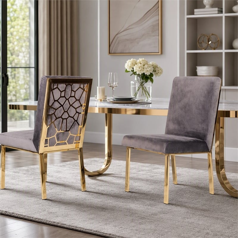 Pemberly Row Modern Grey Velvet Dining Chair Set with Gold Frames