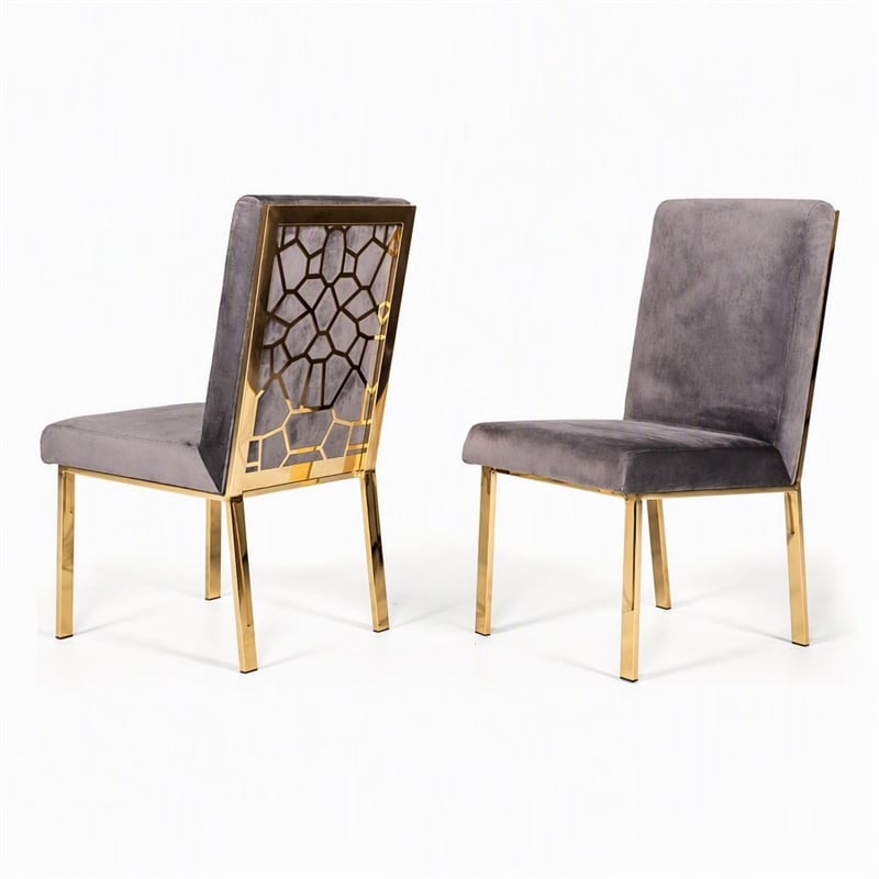 Pemberly Row Modern Grey Velvet Dining Chair Set with Gold Frames