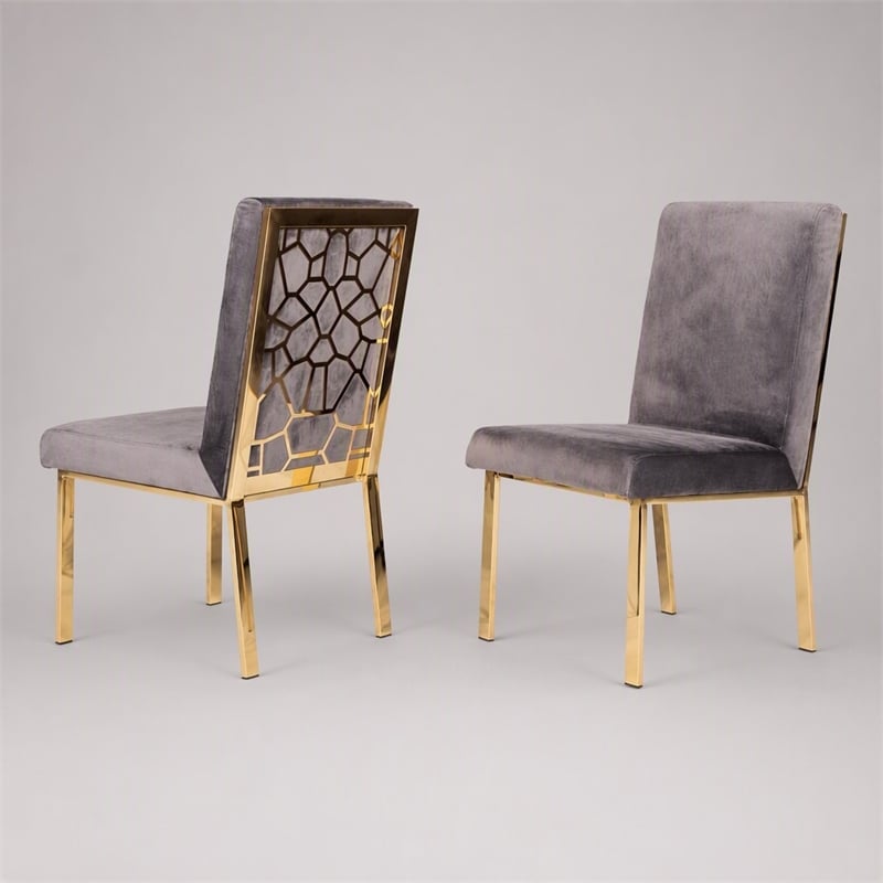 Pemberly Row Modern Grey Velvet Dining Chair Set with Gold Frames