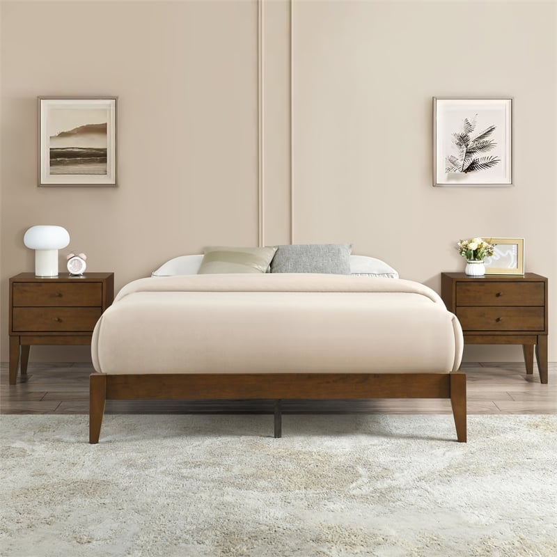Pemberly Row Solid Wood 2 Drawer Nightstand with Tapered Legs in Walnut