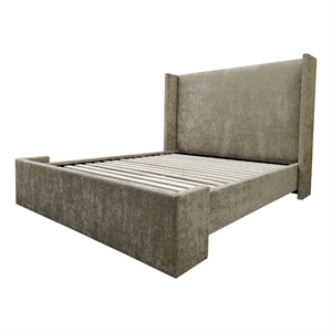 Pemberly Row Queen Wingback Upholstered Complete Bed in Light Brown