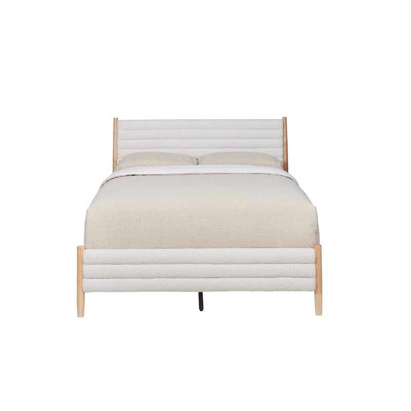 Pemberly Row Queen Channel Upholstered Complete Bed in Natural and Beige