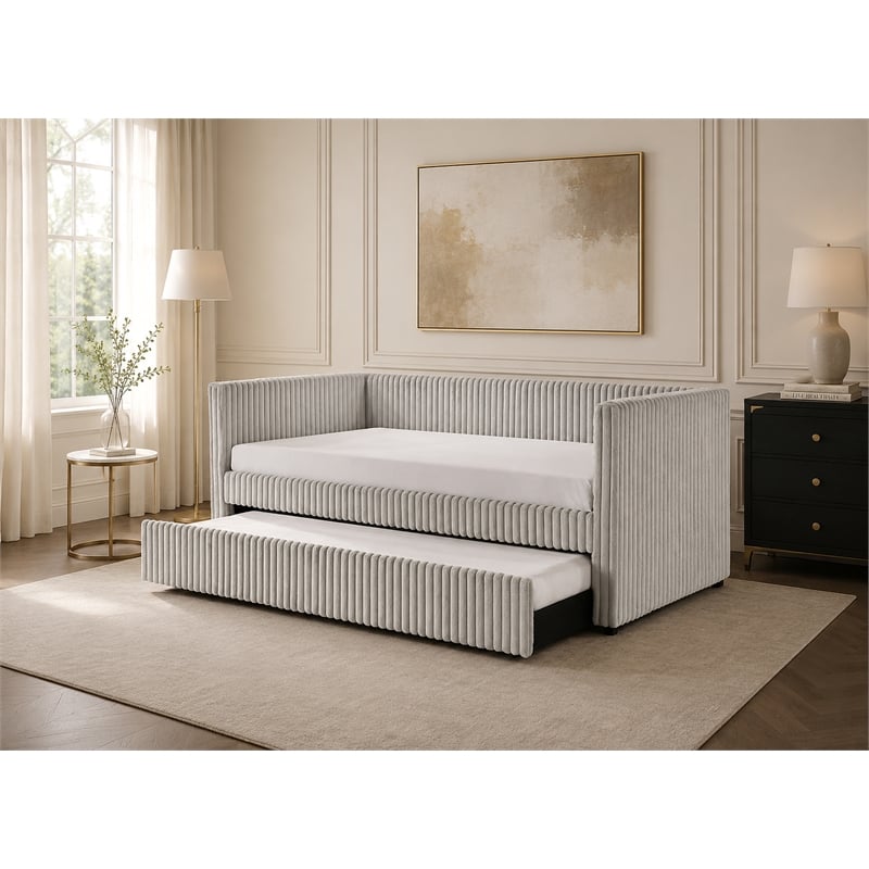 Pemberly Row Channel Tufted Complete Daybed with Trundle in Light Gray