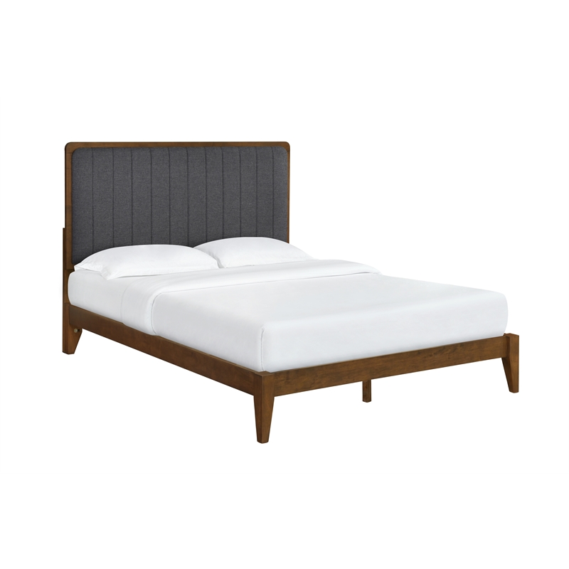 Pemberly Row Queen Channel Tufted Complete Bed in Walnut and Charcoal