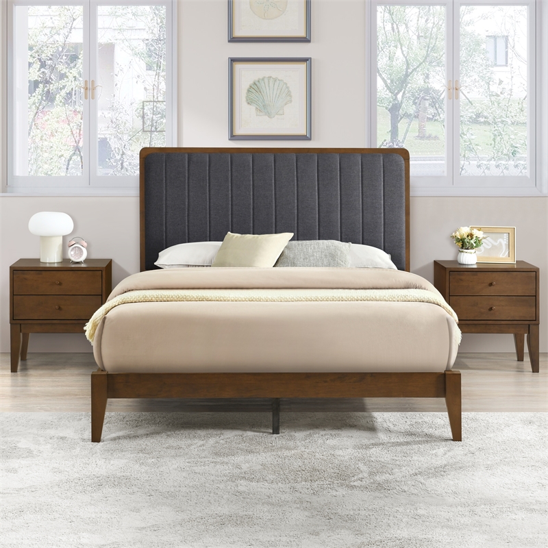 Pemberly Row Queen Channel Tufted Complete Bed in Walnut and Charcoal