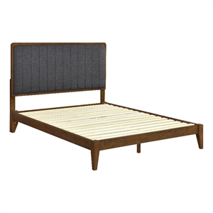 Pemberly Row Queen Channel Tufted Complete Bed in Walnut and Charcoal