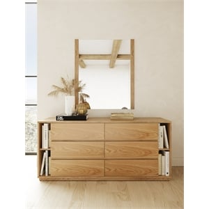 Pemberly Row Modern 6 Drawer Dresser with Shelves in Natural Oak