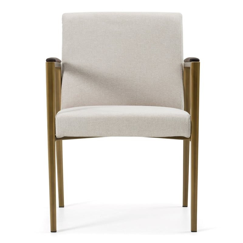 Pemberly Row Upholstered Dining Arm Chair with Brass Legs in Off White