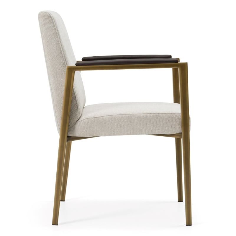 Pemberly Row Upholstered Dining Arm Chair with Brass Legs in Off White