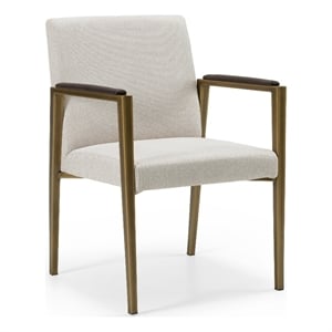 Pemberly Row Upholstered Dining Arm Chair with Brass Legs in Off White