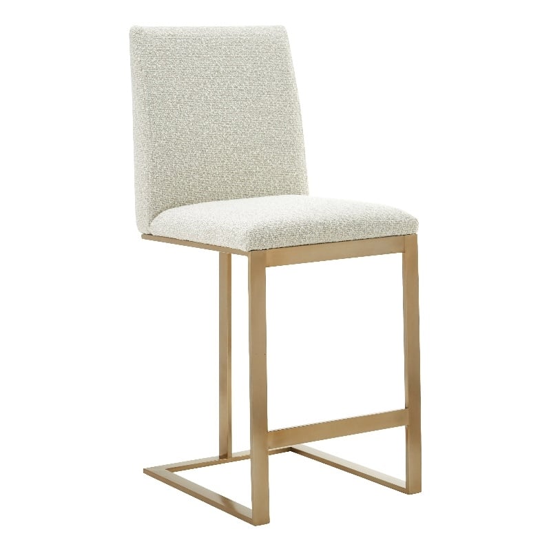 Pemberly Row Modern Fabric & Antique Brass Counter Chair in Off White