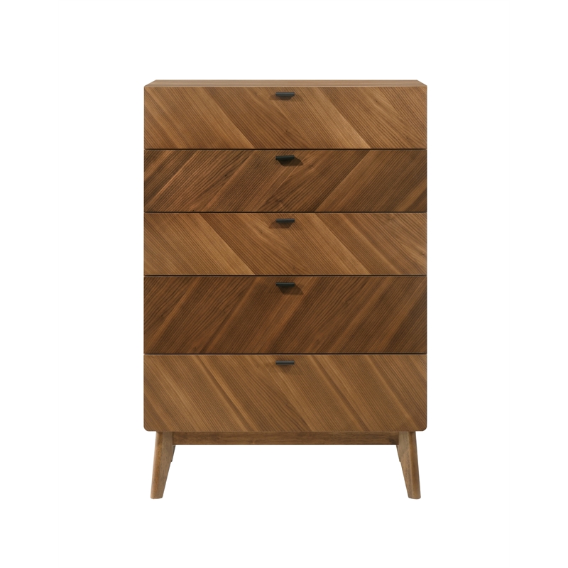 Pemberly Row Modern 5 Drawer Chest with Black Handles in Walnut Veneer