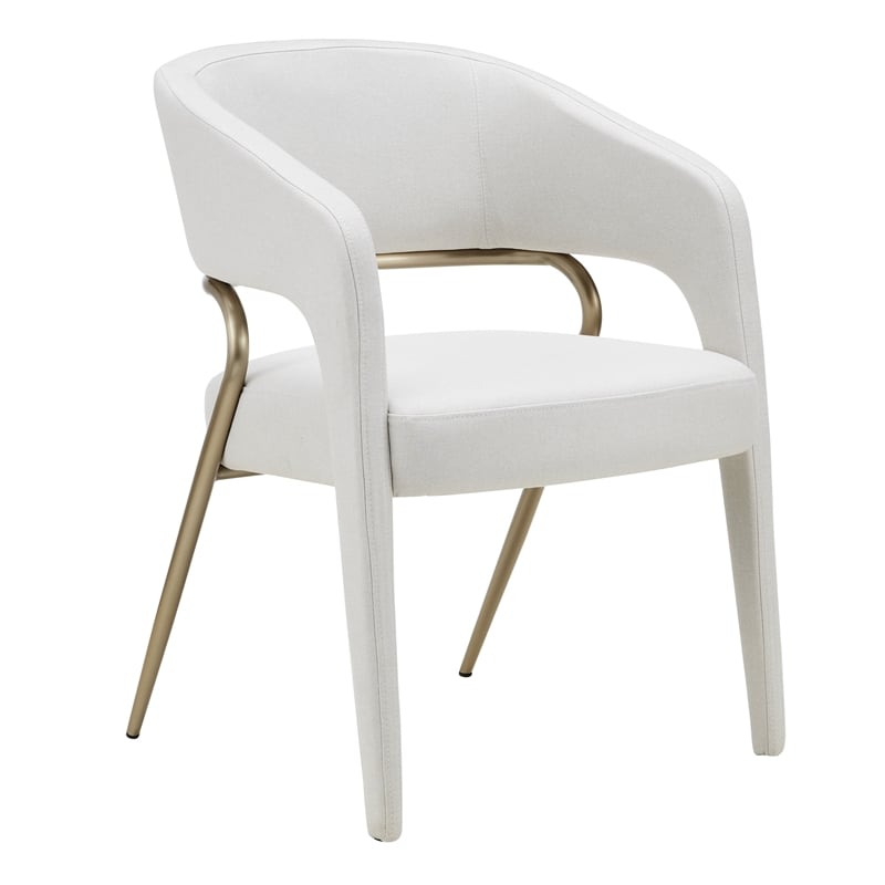 Pemberly Row Modern Fabric Dining Arm Chair in Off White & Antique Brass