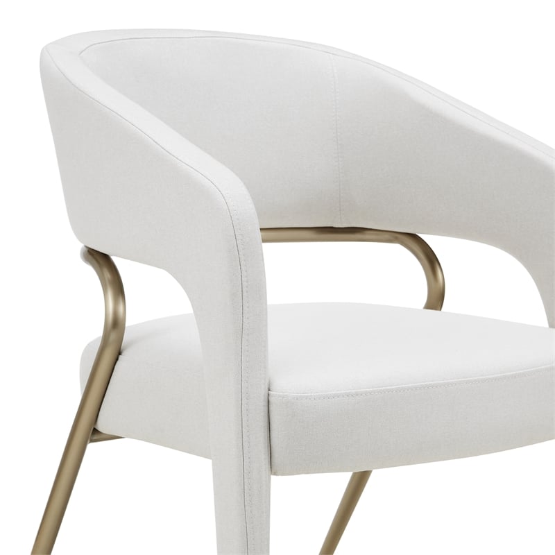 Pemberly Row Modern Fabric Dining Arm Chair in Off White & Antique Brass