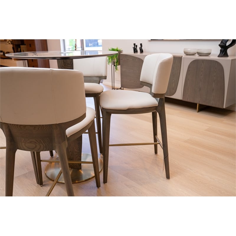 Pemberly Row Mid-Century Vegan Leather Counter Chair in Beige & Grey Ash