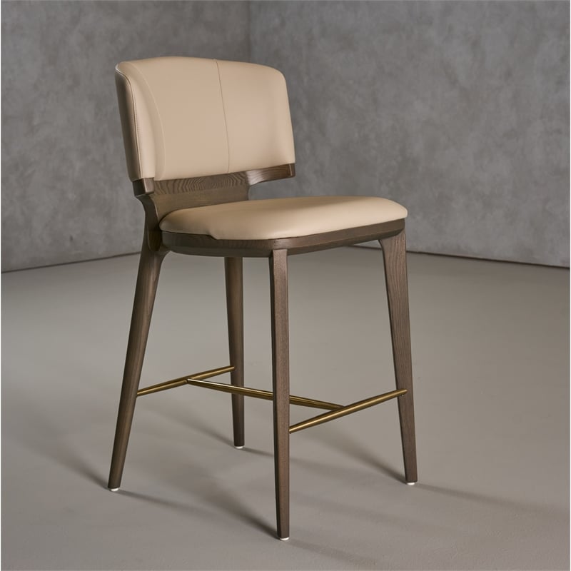 Pemberly Row Mid-Century Vegan Leather Counter Chair in Beige & Grey Ash