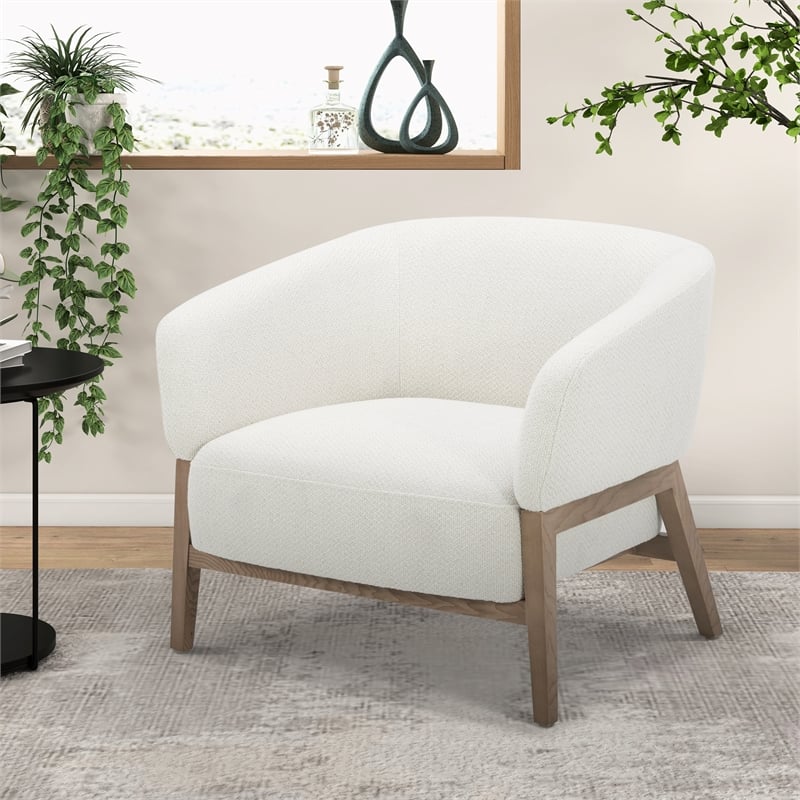 Pemberly Row Mid-Century Fabric Accent Chair with Walnut Legs in Off White