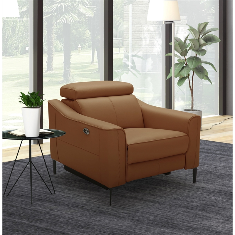 Pemberly Row Modern Genuine Leather Power Recliner Chair in Camel