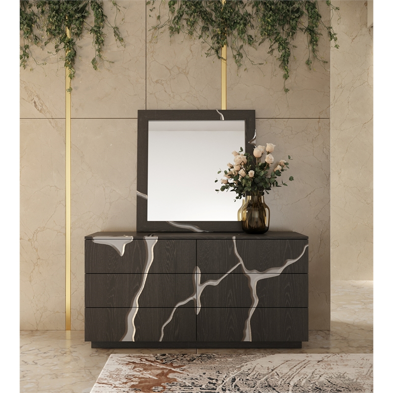 Pemberly Row Modern Square Wall Mirror in Matte Brown Ash & Silver