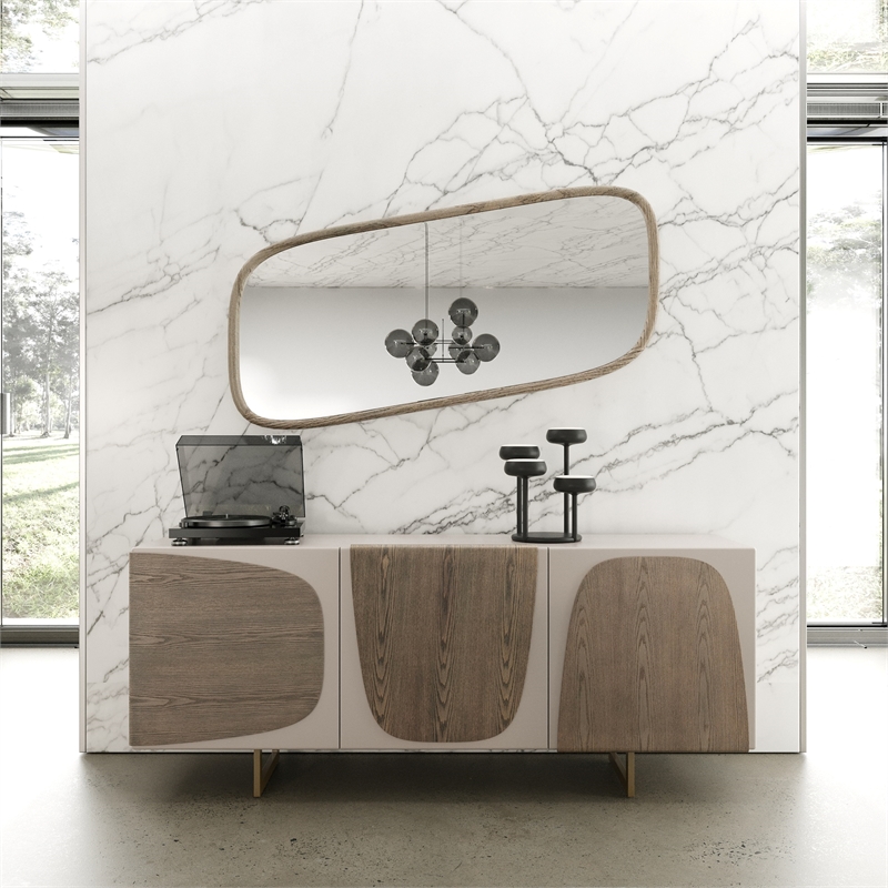 Pemberly Row Modern 63x32.4 Inch Oval Buffet Mirror in Gray Ash Wood