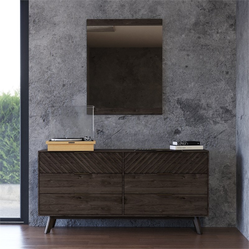 Pemberly Row Mid-Century Rectangular Wall Mirror in Dark Acacia Wood