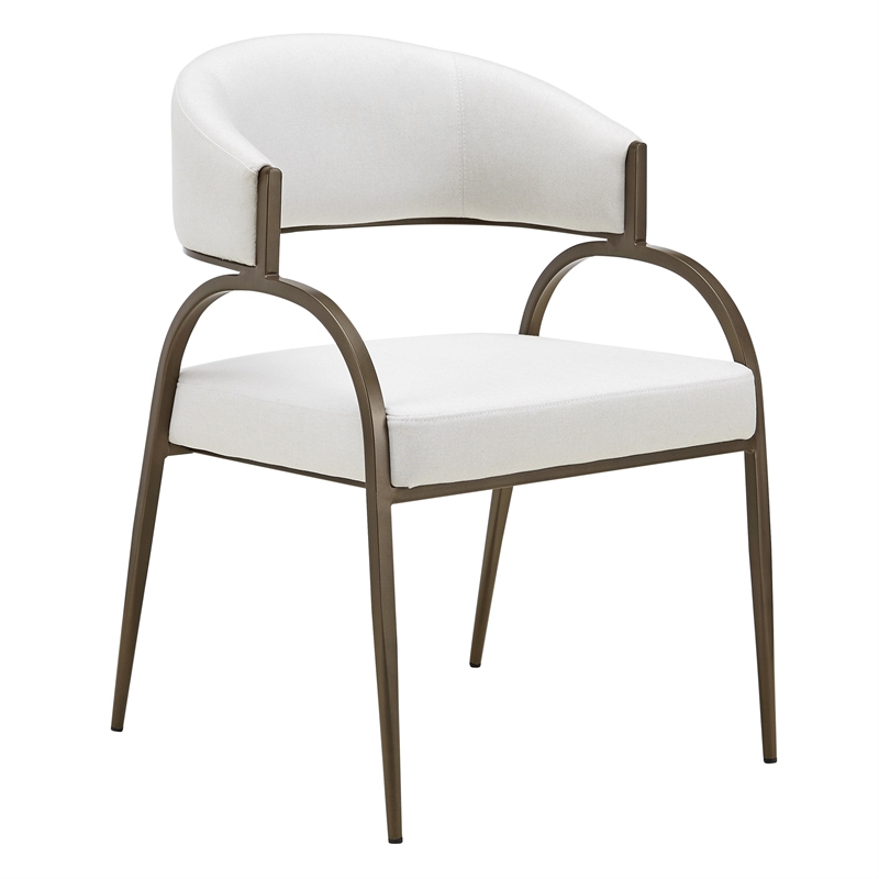 Pemberly Row Modern Fabric Dining Arm Chair in Off White & Bronze