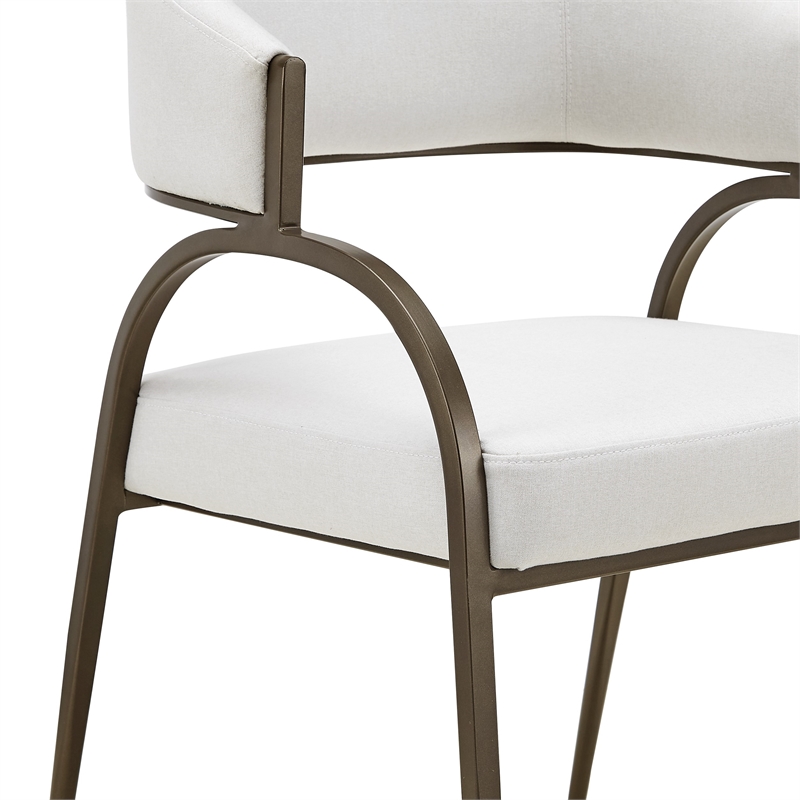 Pemberly Row Modern Fabric Dining Arm Chair in Off White & Bronze