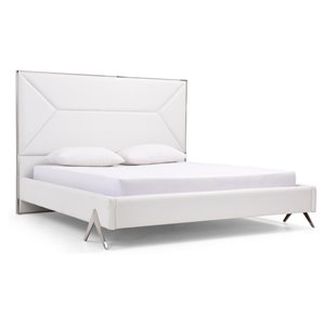 Pemberly Row 63x80&quot Modern Stainless Steel & Leather Queen Bed in White