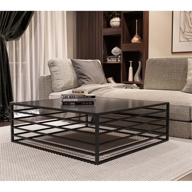 Pemberly Row Square Modern Wrought Iron & Glass Coffee Table in Black/Clear