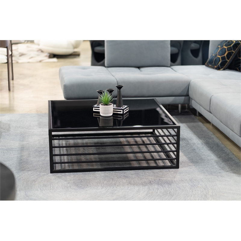 Pemberly Row Square Modern Wrought Iron & Glass Coffee Table in Black/Clear