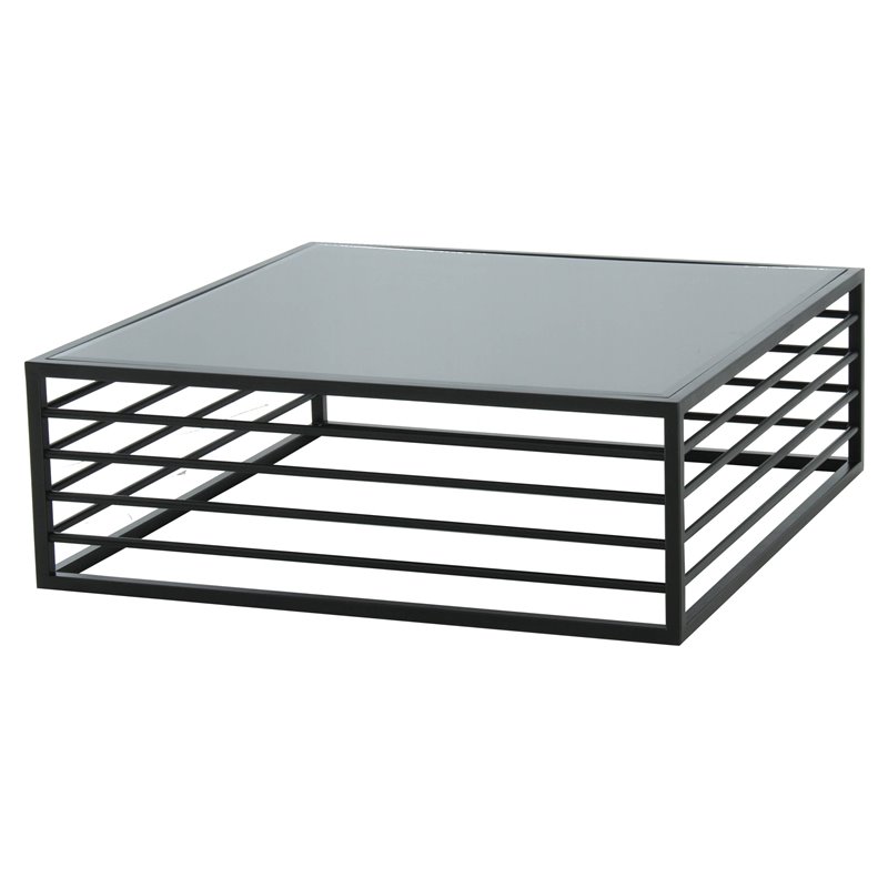 Pemberly Row Square Modern Wrought Iron & Glass Coffee Table in Black/Clear