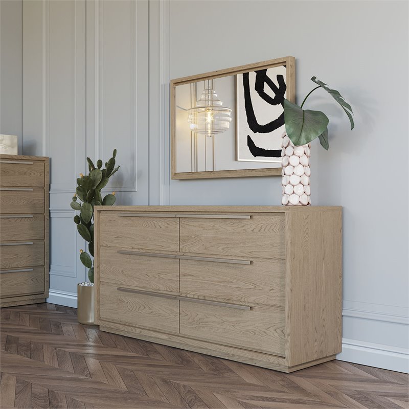Pemberly Row 6-Drawer Contemporary Wood Veneer Dresser in Gray/Silver