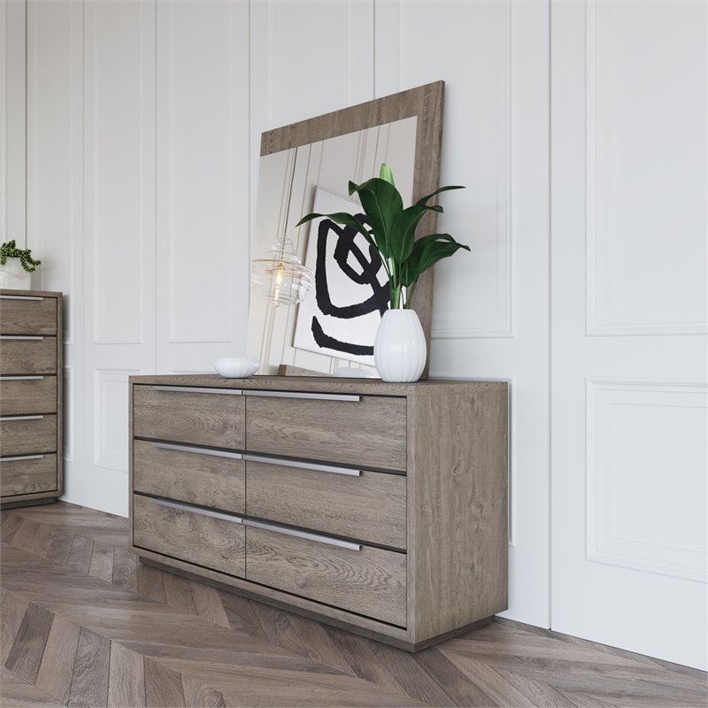 Pemberly Row 6-Drawer Contemporary Wood Veneer Dresser in Gray/Silver