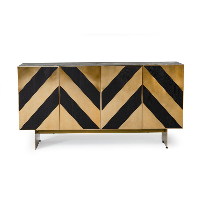 Pemberly Row 4-Door Modern Wood Veneer Buffet in Ash Black & Brass