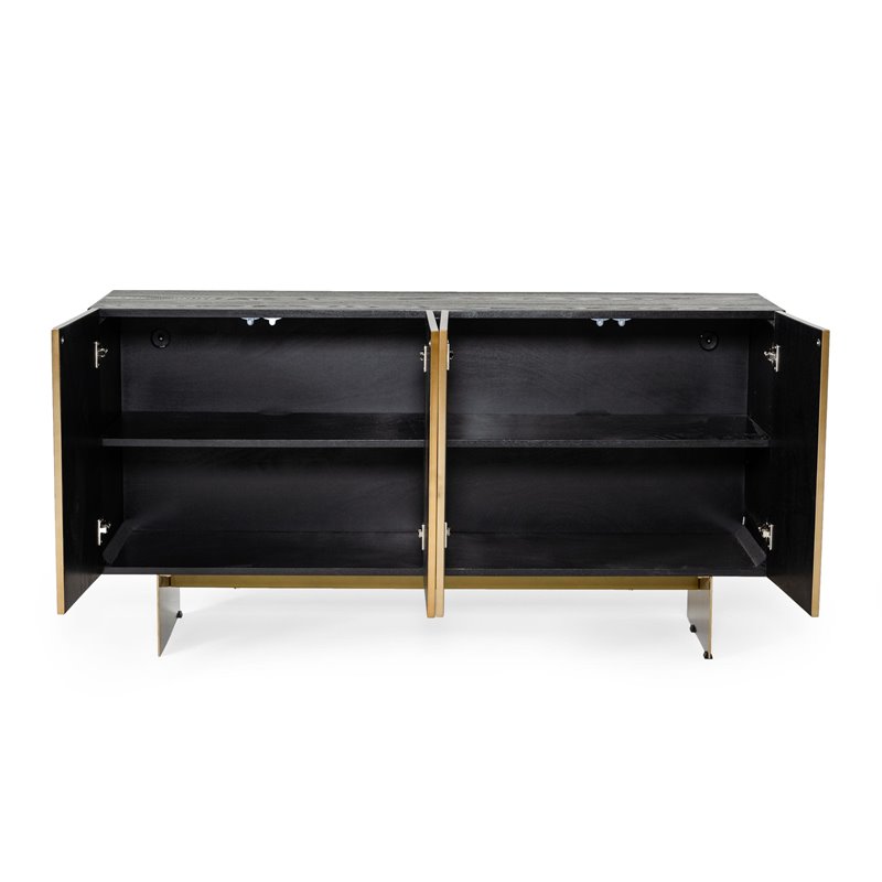 Pemberly Row 4-Door Modern Wood Veneer Buffet in Ash Black & Brass