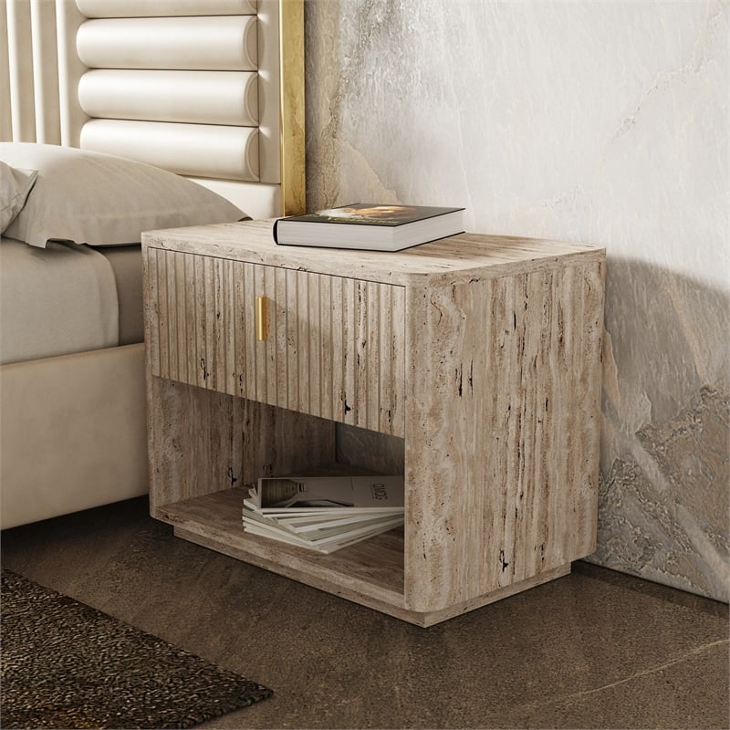 Pemberly Row Modern 1-Drawer Nightstand in Travertine Grey & Gold