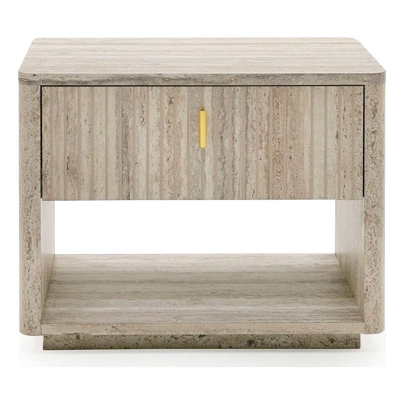 Pemberly Row Modern 1-Drawer Nightstand in Travertine Grey & Gold