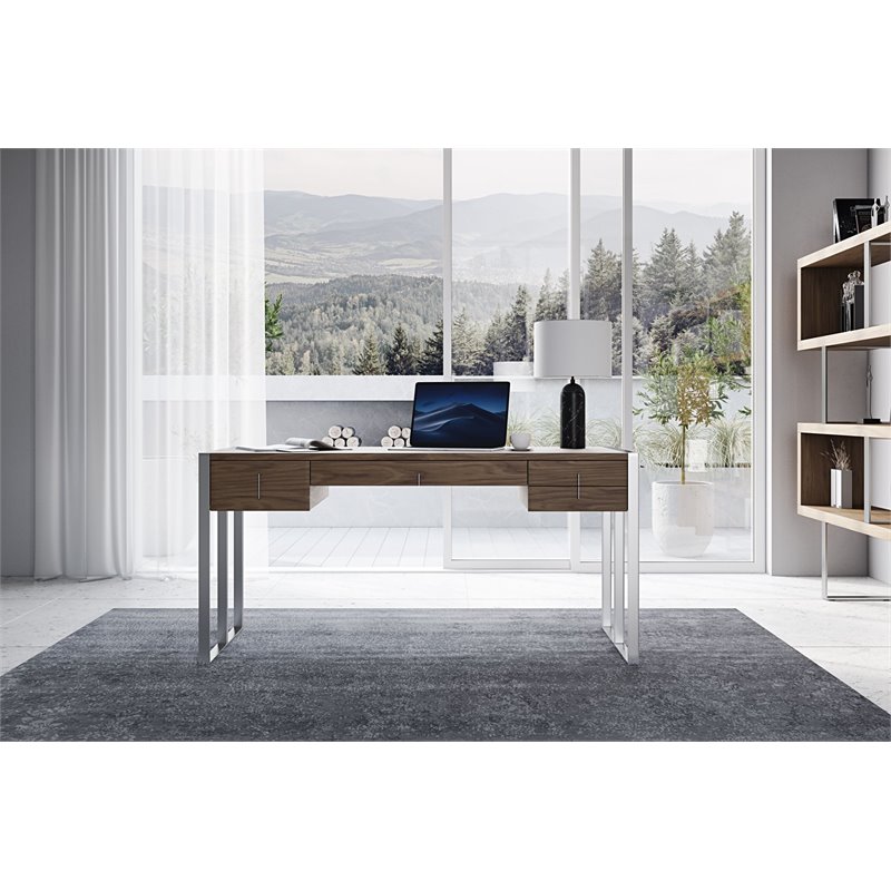 Pemberly Row 4-Drawer Modern MDF Wood & Stainless Steel Desk in Walnut
