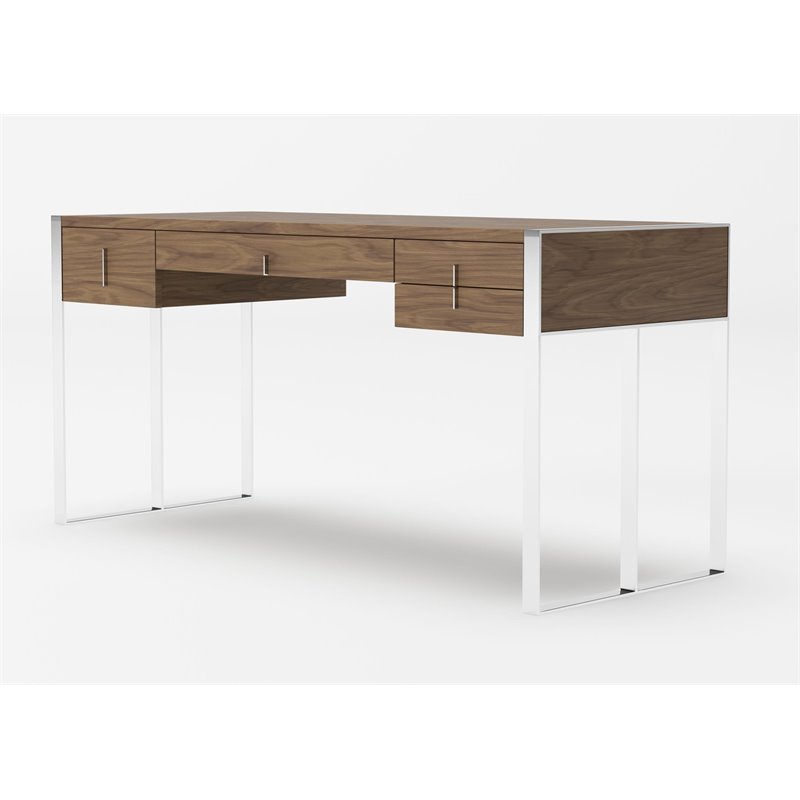 Pemberly Row 4-Drawer Modern MDF Wood & Stainless Steel Desk in Walnut