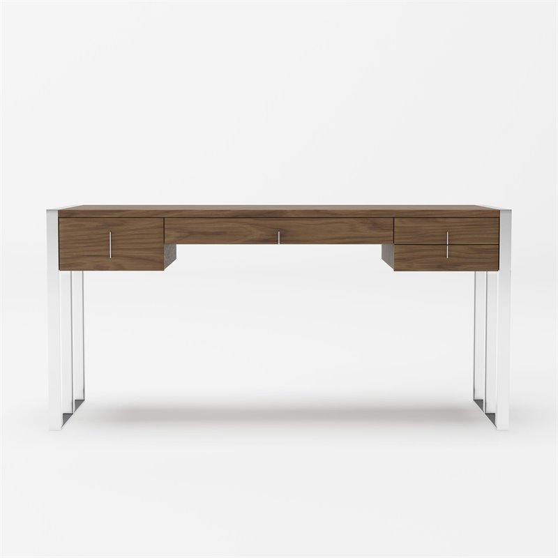 Pemberly Row 4-Drawer Modern MDF Wood & Stainless Steel Desk in Walnut